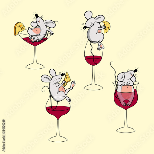 Collection with different mice in glasses and cheese