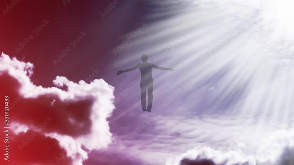 Creative 4k video with the parallax effect of the sky with moving clouds and sunlight, the silhouette of a man with spread arms, flying in bright light and dissolving in it. The concept of open mind. Creative 4k video with the parallax effect of the sky with moving clouds and sunlight, the silhouette of a man with spread arms, flying in bright light and dissolving in it. The concept of open mind.