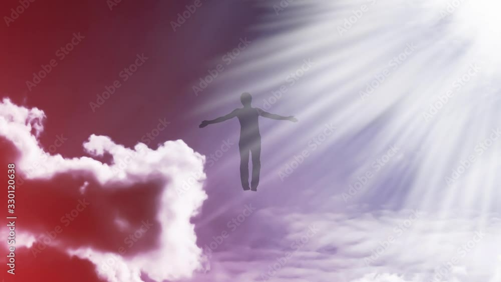 Creative 4k video with the parallax effect of the sky with moving clouds and sunlight, the silhouette of a man with spread arms, flying in bright light and dissolving in it. The concept of open mind. Creative 4k video with the parallax effect of the sky with moving clouds and sunlight, the silhouette of a man with spread arms, flying in bright light and dissolving in it. The concept of open mind.