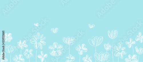Draw vector banner white line of flower on blue for spring.
