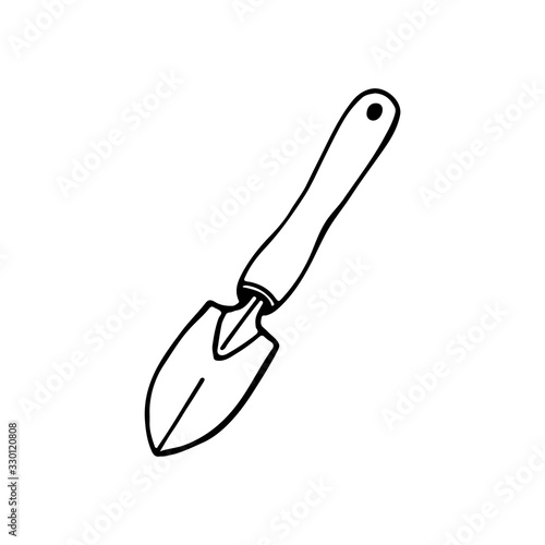 Black and white image of a shovel for loosening the earth. Vector illustration. Hand-drawn doodle for design, web, icons.