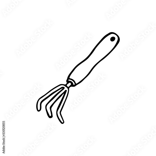 Black and white image of a rake for loosening the earth. Vector illustration. Hand-drawn doodle for design, web, icons.