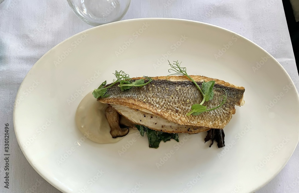 Fine dining, grilled fish fillet on mushrooms and herbs Fine dining, grilled fish fillet on mushrooms and herbs