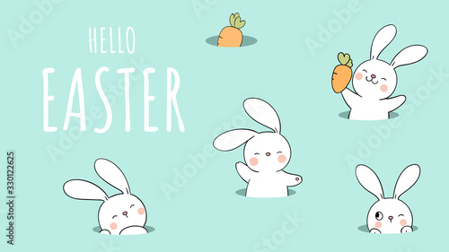 Draw banner rabbit in hole on green pastel For Easter and spring.
