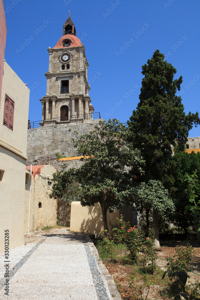 Rhodes / Greece - June 23, 2014: Clocktower in the old town, Rhodes, Dodecanese Islands, Greece.