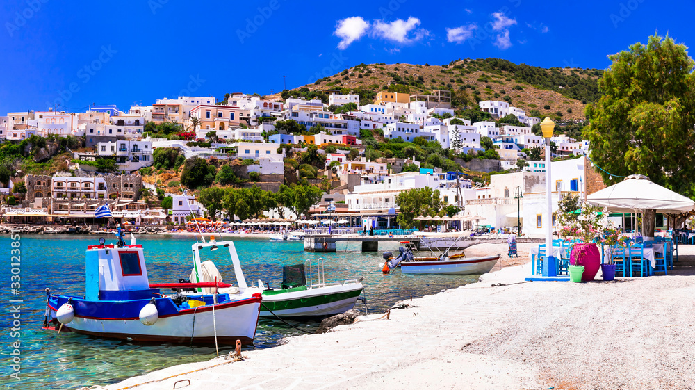 Traditional colorful Greece - travel in Leros Island, scenic Panteli village with fishing boats