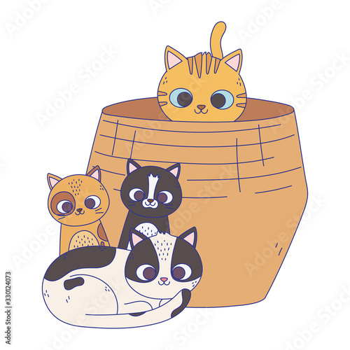 cats make me happy, cat in basket and kittens sitting cartoon