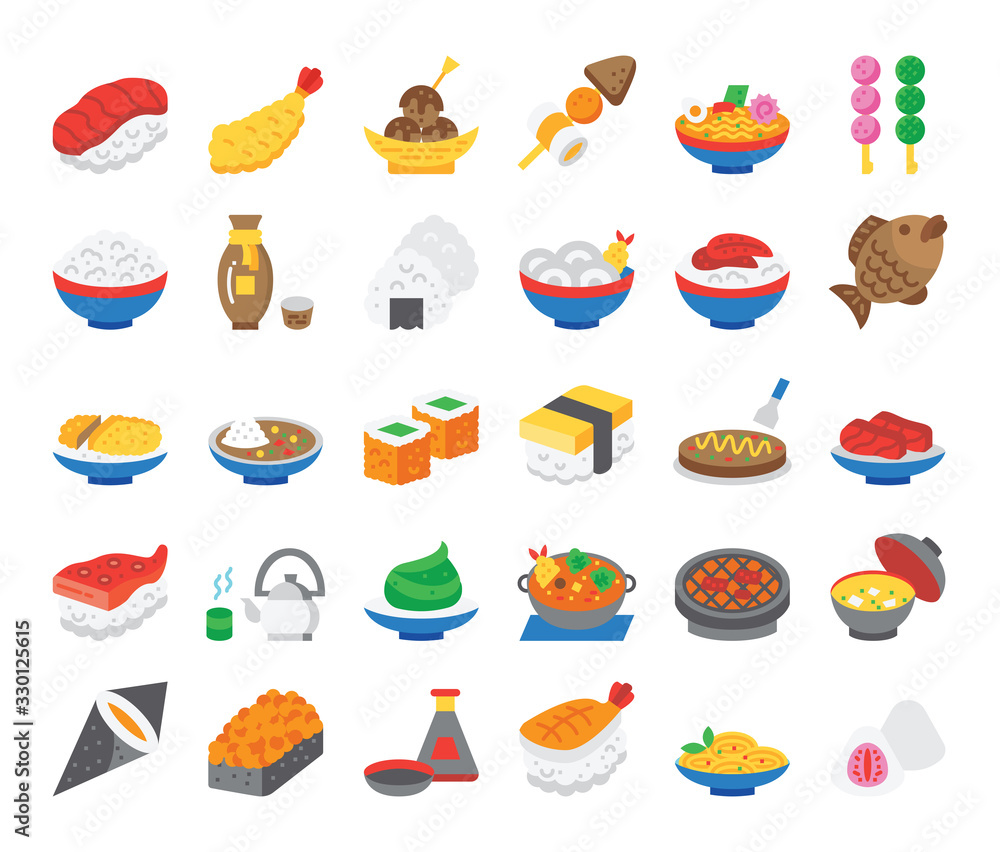 japanese food flat vector icons