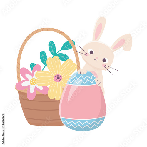 happy easter day, rabbit with painted egg flowers in basket decoration