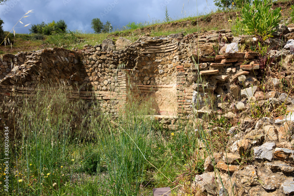 Roselle (GR), Italy - June 19, 2017: Etruscan ruins in archaeological site in Roselle, Grosseto, Tuscany, Italy, Europe Roselle (GR), Italy - June 19, 2017: Etruscan ruins in archaeological site in Roselle, Grosseto, Tuscany, Italy, Europe