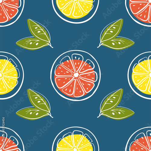 Lemon, grapefruit slices and leaves. Seamless pattern. Colorful line sketch collection of citrus fruits isolated on trendy blue background. Doodle hand drawn vector illustration