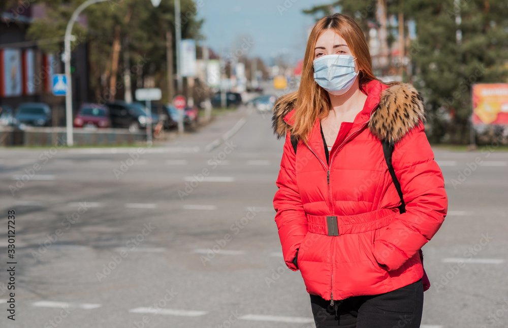 Virus concept. Girl in mask at city, risk for health, pneumonia, quarantine and epidemic Virus concept. Girl in mask at city, risk for health, pneumonia, quarantine and epidemic
