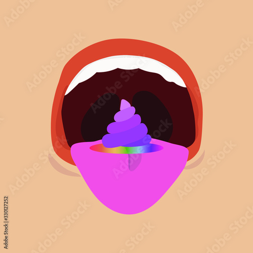 Illustration of a person smelling mouth in the morning with a rainbow poop.