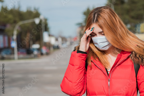 Virus concept. Girl in mask at city, risk for health, pneumonia, quarantine and epidemic