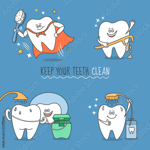 Teeth cartoon set. Tooth with brush, floss, pick and mouthwash. Keep your teeth clean. Cute and funny characters for dentistry design or a standalone illustration.