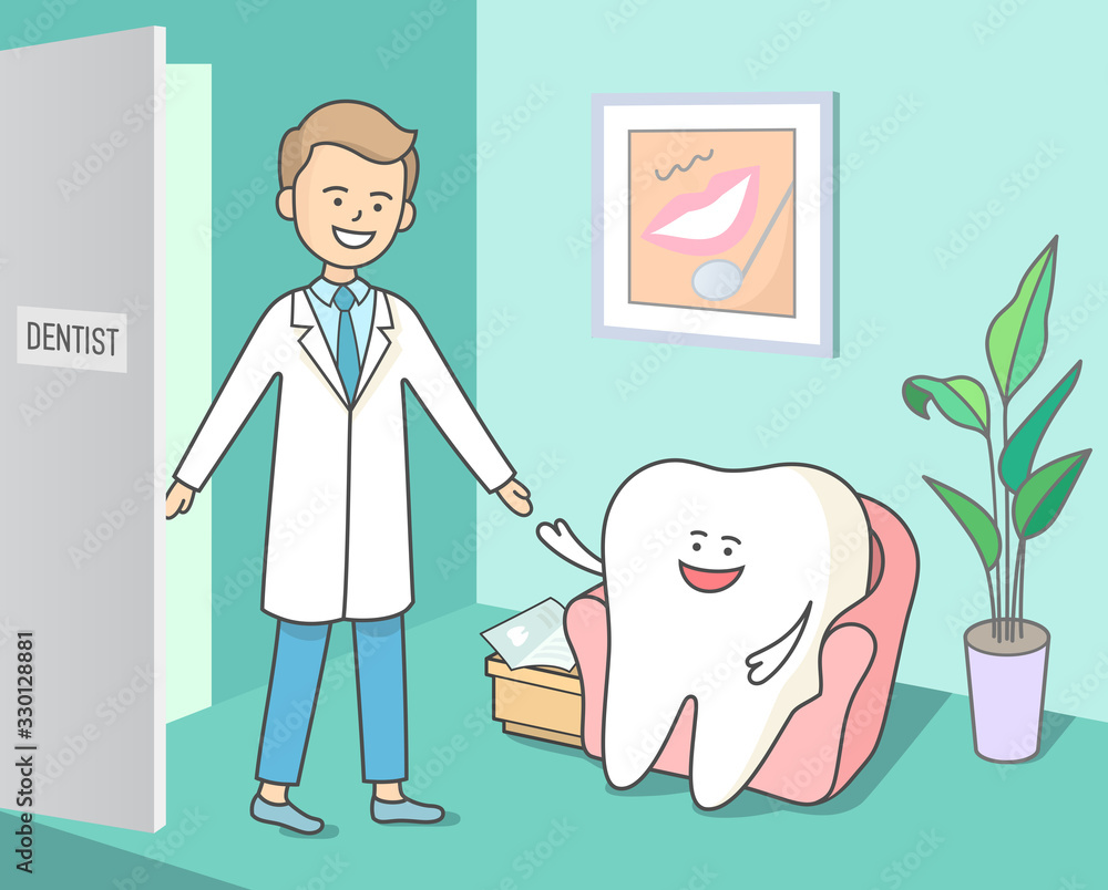 Dentistry reception or waiting room. Dentist inviting tooth. Cartoon vector illustration in landscape horizontal format. Dentistry reception or waiting room. Dentist inviting tooth. Cartoon vector illustration in landscape horizontal format.