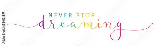 NEVER STOP DREAMING vector rainbow-colored brush calligraphy banner with swashes