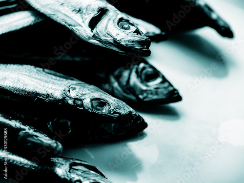 Cold smoked salaka ready to eat. Smoked fish close-up on a plate. Sea fish is a tasty and healthy natural food product, rich source of essential Omega-6 fatty acids or polyunsaturated fat acid oil photo