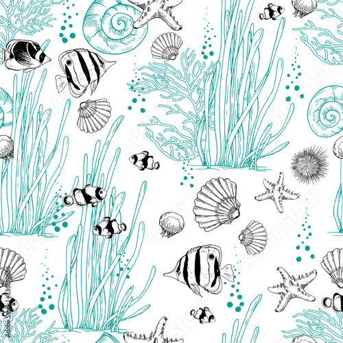 Seamless pattern with tropical fishes  shells and seaweeds.