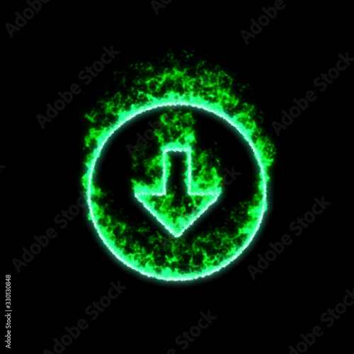 The symbol arrow circle down burns in green fire