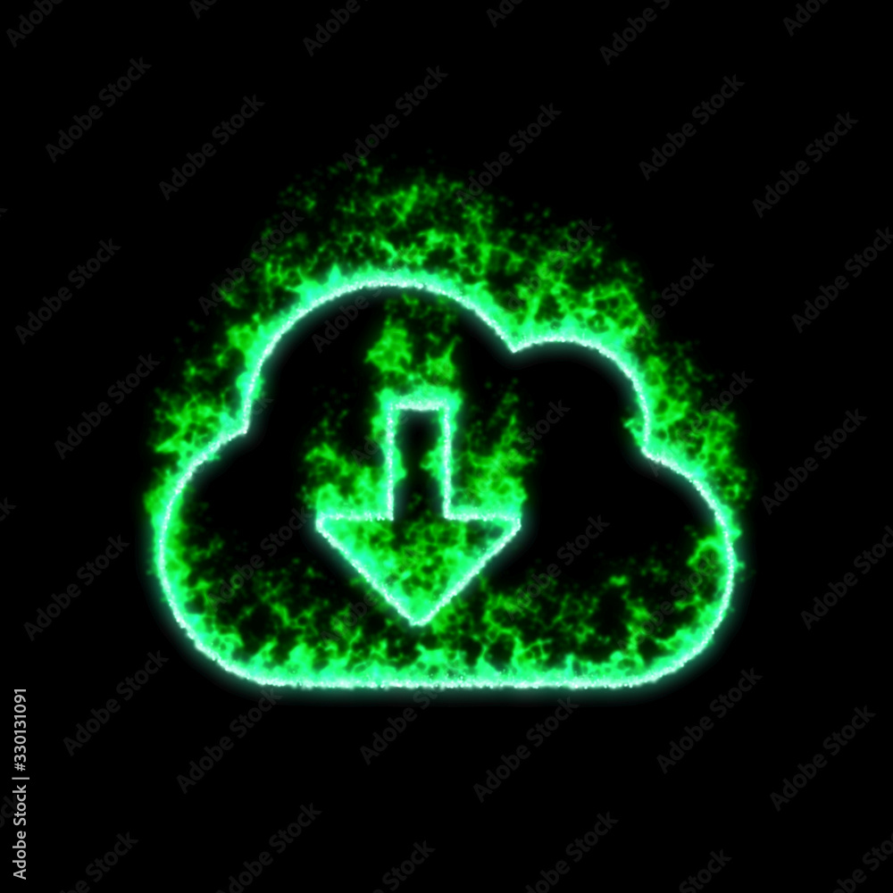 The symbol cloud download burns in green fire The symbol cloud download burns in green fire