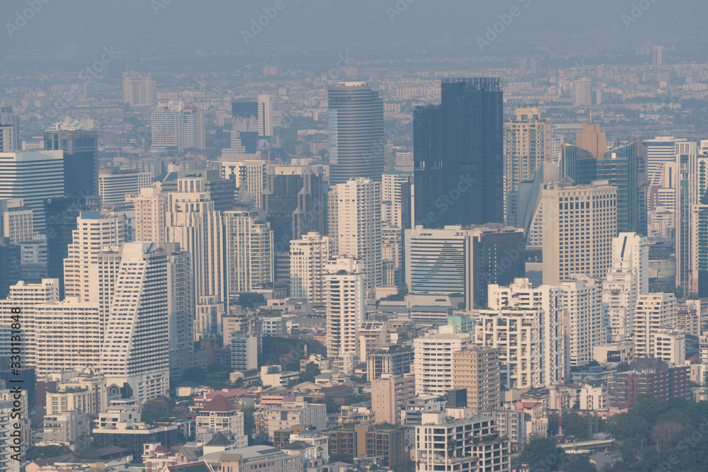 A lot of dust(PM 2.5) in the environment of Capital city from above, BANGKOK, Thailand