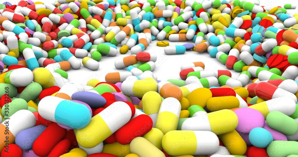 Different pills fall on a white surface 4k Different pills fall on a white surface 4k