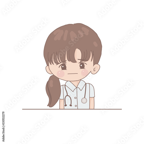 Upset female doctor sitting in her office. Sad young medical staff with stethoscope hand drawn style vector.