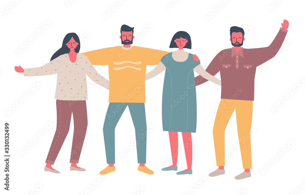 Happy people friends are standing and hugging. Young men and young women in casual wear are standing together. International Friendship Day concept. Vector illustration in flat funky style Happy people friends are standing and hugging. Young men and young women in casual wear are standing together. International Friendship Day concept. Vector illustration in flat funky style