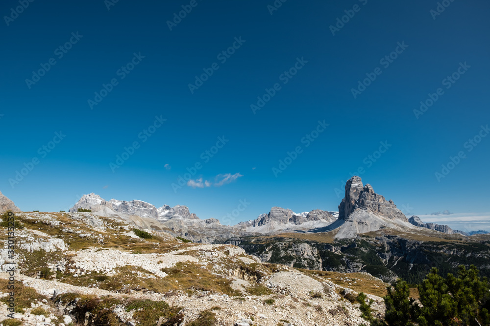 Three Chimneys in the Dolomites from Monte Piana summit, Italy
