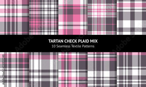 Seamless plaid patterns set. Tartan check plaids in purple grey, pink, and white for summer, spring, autumn, and winter flannel shirt, skirt, blanket, or other textile designs.
