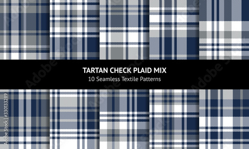Textile patterns collection. Seamless herringbone tartan check plaid graphics in blue, grey, and white for autumn and winter flannel shirt, skirt, blanket, or other textile designs.