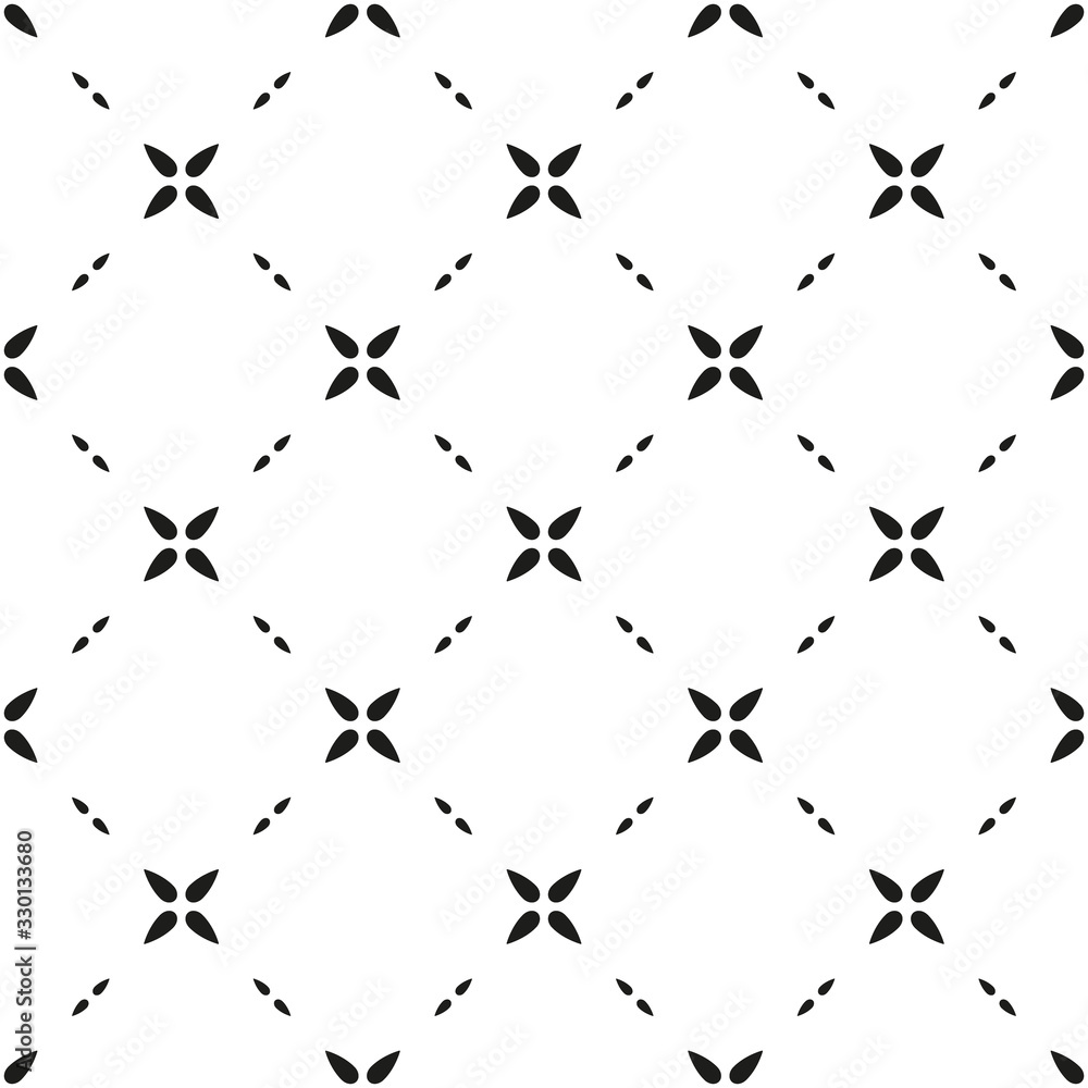 Abstract geometric diagonal seamless pattern. Black minimalistic vector flowers with four petals on white background. Simple vector illustration. Polka dot design for printing on textile, fabric