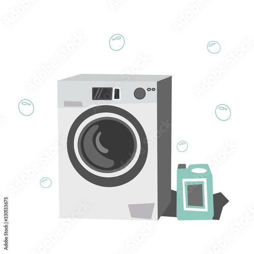 Washing machine and washing powder. Appliances and electrical engineering. Vector illustration isolated on white background.