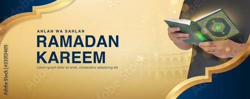 Ramadan Kareem Vector Illustration Background Template With Male Object Reading The Quran In 3d Realistict Design. Eid mubarak, Islamic banner, poster, background, flyer,illustration, brochure 