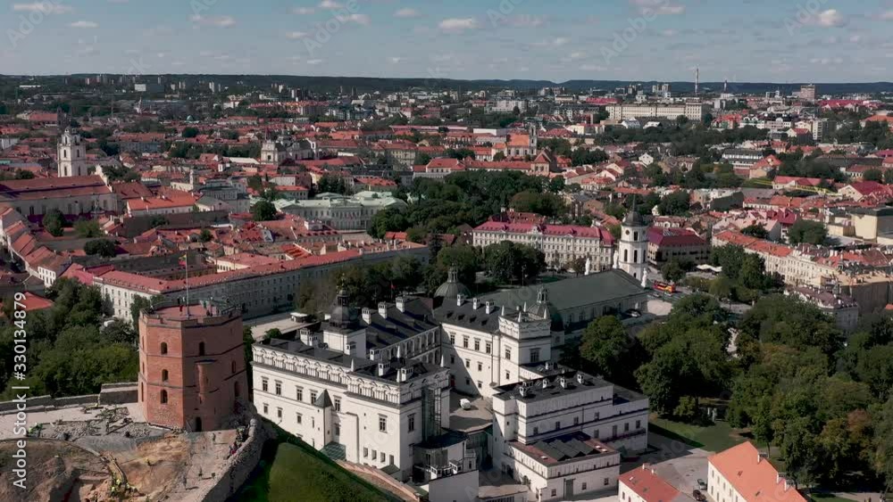 VILNIUS, LITHUANIA - JULY, 2019: Aerial top view of the upper and lower castle in the historical centre of Vilnius.