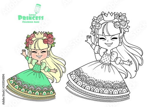 Cute princess in a wreath of roses dancing outlined and color for coloring book