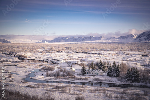 Vista panoramica sul favoloso parco nazionale Thingvellir, all'interno del circolo d'oro, in Islanda.