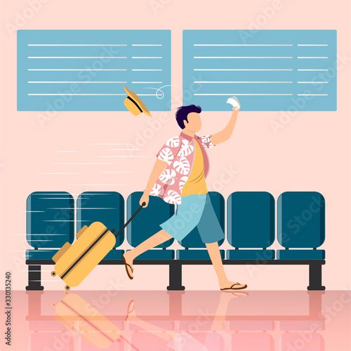 Vector cartoon illustration of travel concept. late man run with bag on wheels. Check in airport. Human character on the background of armchairs and airport screens