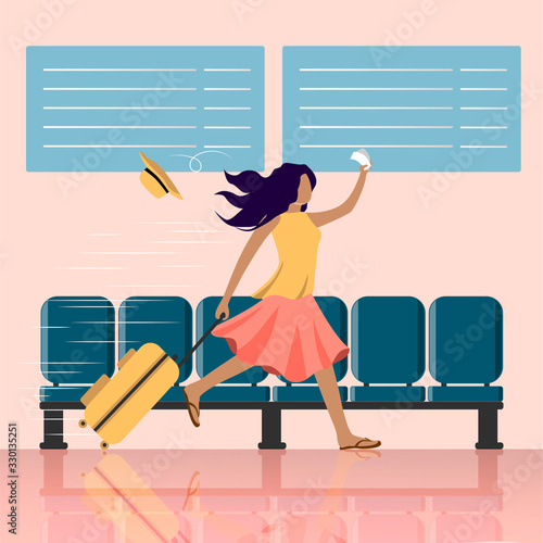 Vector cartoon illustration of travel concept. late woman run with bag on wheels. Check in airport. Human character on the background of armchairs and airport screens