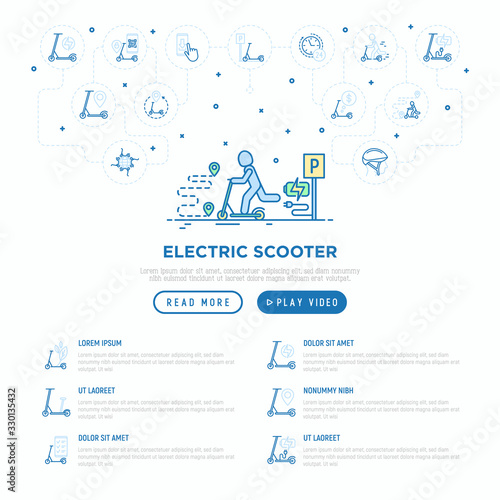 Man using electric scooter concept. Web page template with thin line icons: sharing service, mobile app, QR code, parking, helmet, eco transport, pointer. Modern vector illustration.