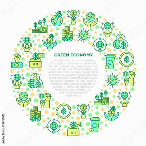 Green economy concept in circle with thin line icons: financial growth, green city, zero waste, circular economy, anti-globalism, global consumption. Vector illustration for environmental issues.