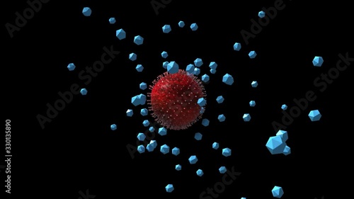 Coronavirus COVID-19 virus attacked by vitamins vaccine animation. Virus pandemic alert. Red virus particles float around. Chroma Alpha key