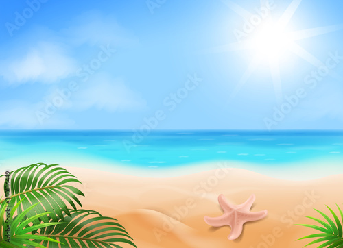 Blue sky, ocean and tropical beach. Golden sands and palm leaves landscape. Vector illustration