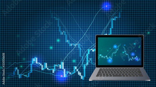 高騰急落する株価チャートとノートパソコン青色背景イメージ