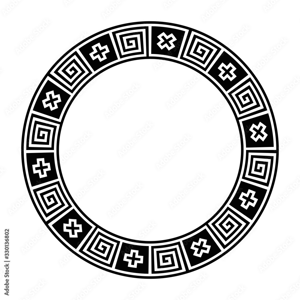 Classical Greek meander, circle frame, made of seamless meander pattern.  Decorative border with meanders and crosses in black squares. Greek fret or  key, meandros. Illustration over white. Vector. vector de Stock