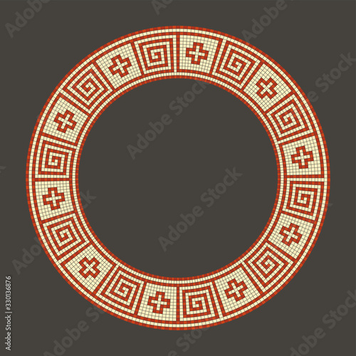 Meander mosaic pattern, terracotta colored circle shaped frame. Decorative border with meanders and crosses. Classical Greek fret or key, meandros. Illustration on dark olive green background. Vector.