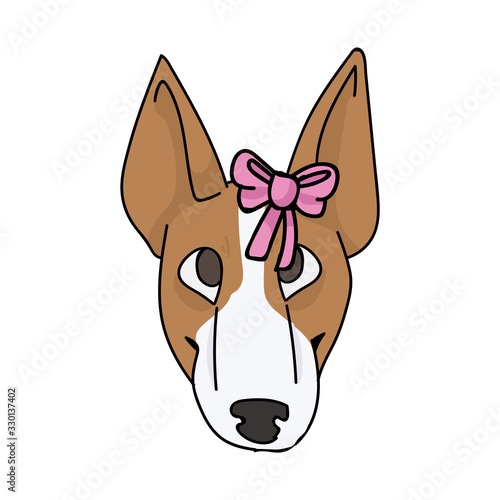 Cute cartoon bull terrier puppy face breed with pink bow vector clipart. Pedigree kennel show dog lovers. Purebred domestic pooch for pet parlor illustration. Isolated canine with snout. EPS 10.  photo