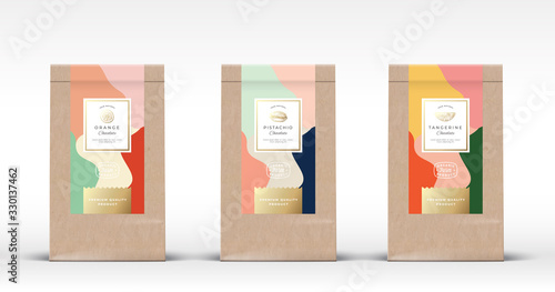 Craft Paper Bag with Nut and Citrus Chocolate Labels Set. Abstract Vector Packaging Design Layout with Realistic Shadows. Hand Drawn Oranges, Tangerine and Pistachio Sketch Silhouettes Background.