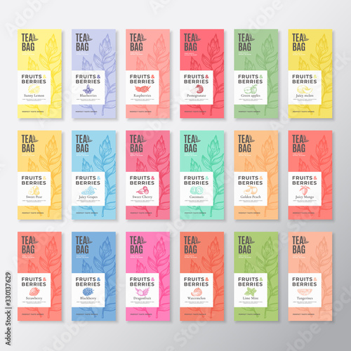 Fruit and Berries Tea Labels Collection. Abstract Vector Packaging Design Layouts Set with Realistic Shadows. Modern Typography, Hand Drawn Tea Leaves Silhouettes Background. Beverage Emblems.